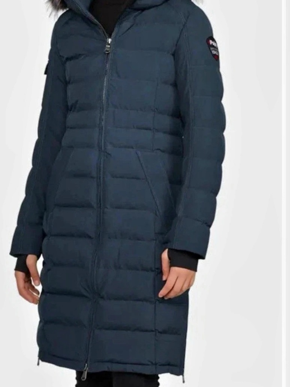 Pajar Venice Long Puffer Coat with Removable Faux Fur Trim Navy/ Silver Sz M/L